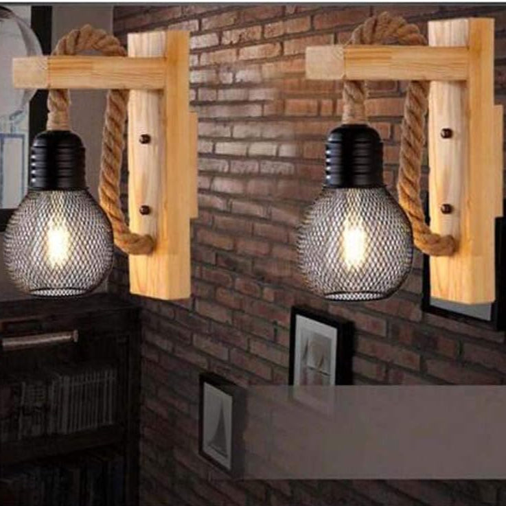 G.Z Industrial Rustic Wood-Metal Wall Sconce with Hemp Rope