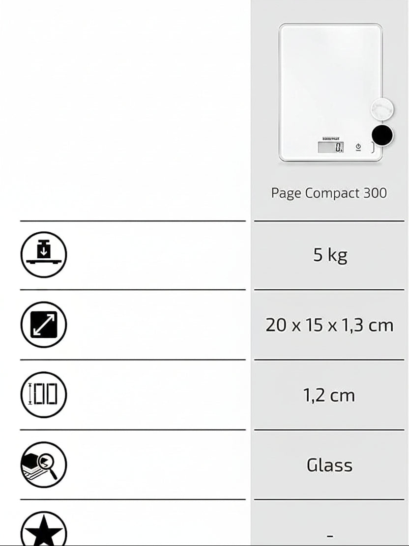 Soehnle Page Compact 300 Digital Kitchen Scale 5 kg 1 g Precision LCD Sensor Touch White
