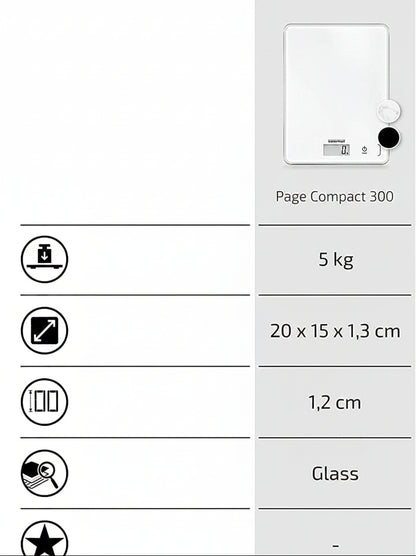 Soehnle Page Compact 300 Digital Kitchen Scale 5 kg 1 g Precision LCD Sensor Touch White