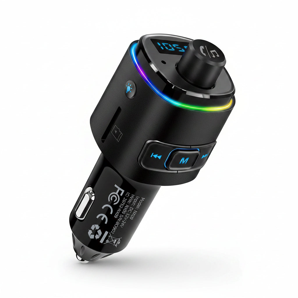 Nulaxy Bluetooth 5.0 FM Transmitter QC3.0 Car Charger Hands-Free Kit 7-Color LED Black