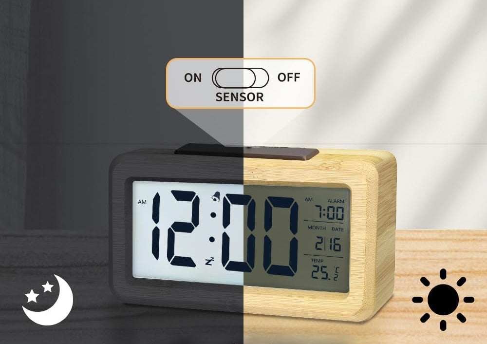 aboveClock Digital Alarm Clock Wood with Sensor Module Table Clock Snooze Date Temperature Brightness Adjustable