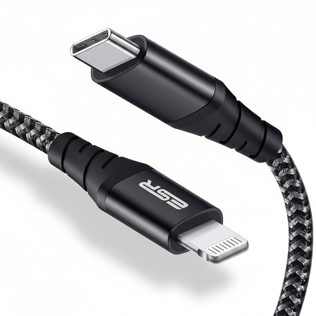 ESR USB-C to Lightning Cable 0.2 m MFi Certified Nylon PD Fast Charging for iPhone 14/13/12/11/SE/XR/XS/X/8 iPad 9/8 Black