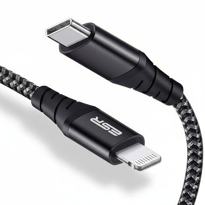ESR USB-C to Lightning Cable 0.2 m MFi Certified Nylon PD Fast Charging for iPhone 14/13/12/11/SE/XR/XS/X/8 iPad 9/8 Black