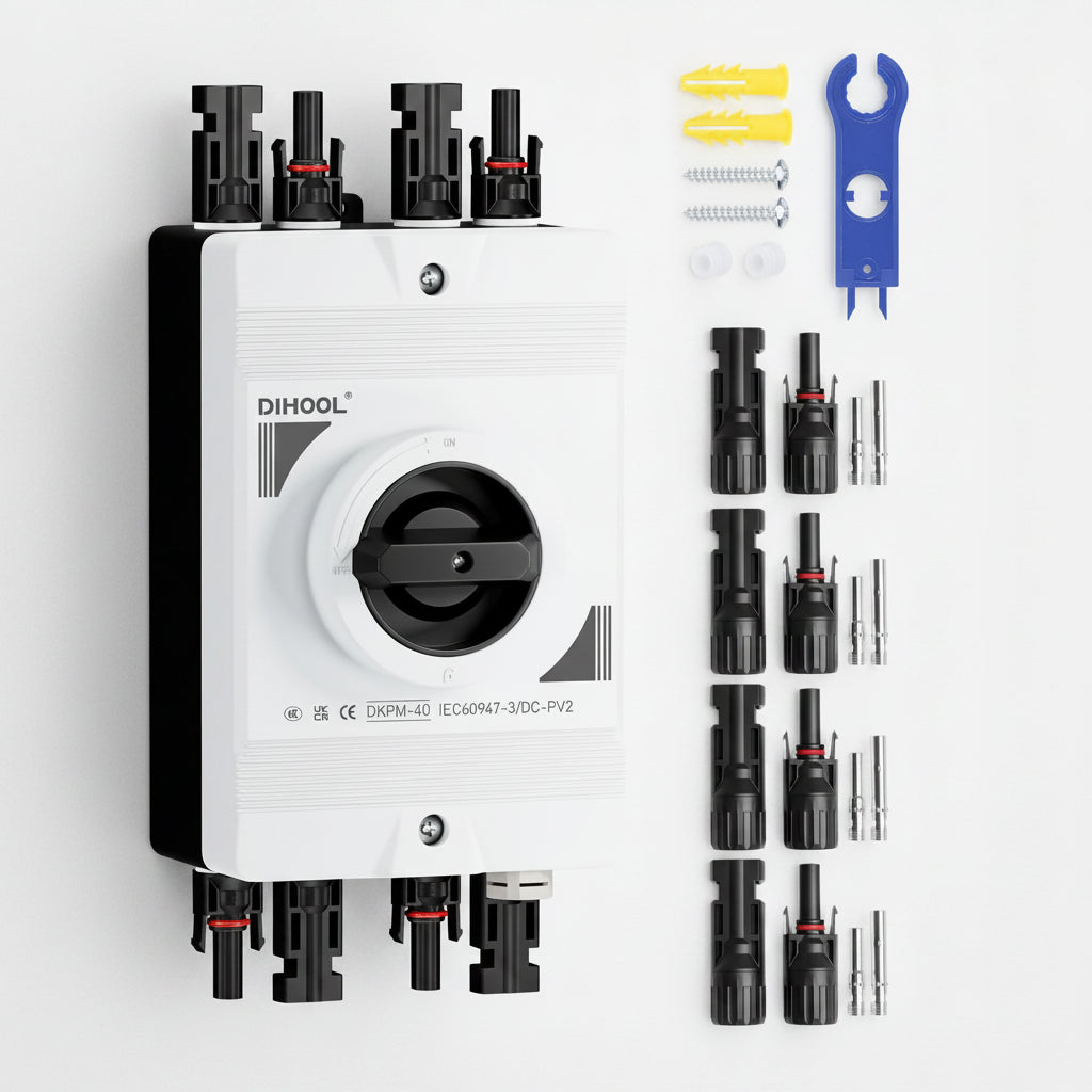 DIHOOL Solar Disconnect Switch IP66 Waterproof 30 Amp 2 Strings 2 in 2 Out 600V