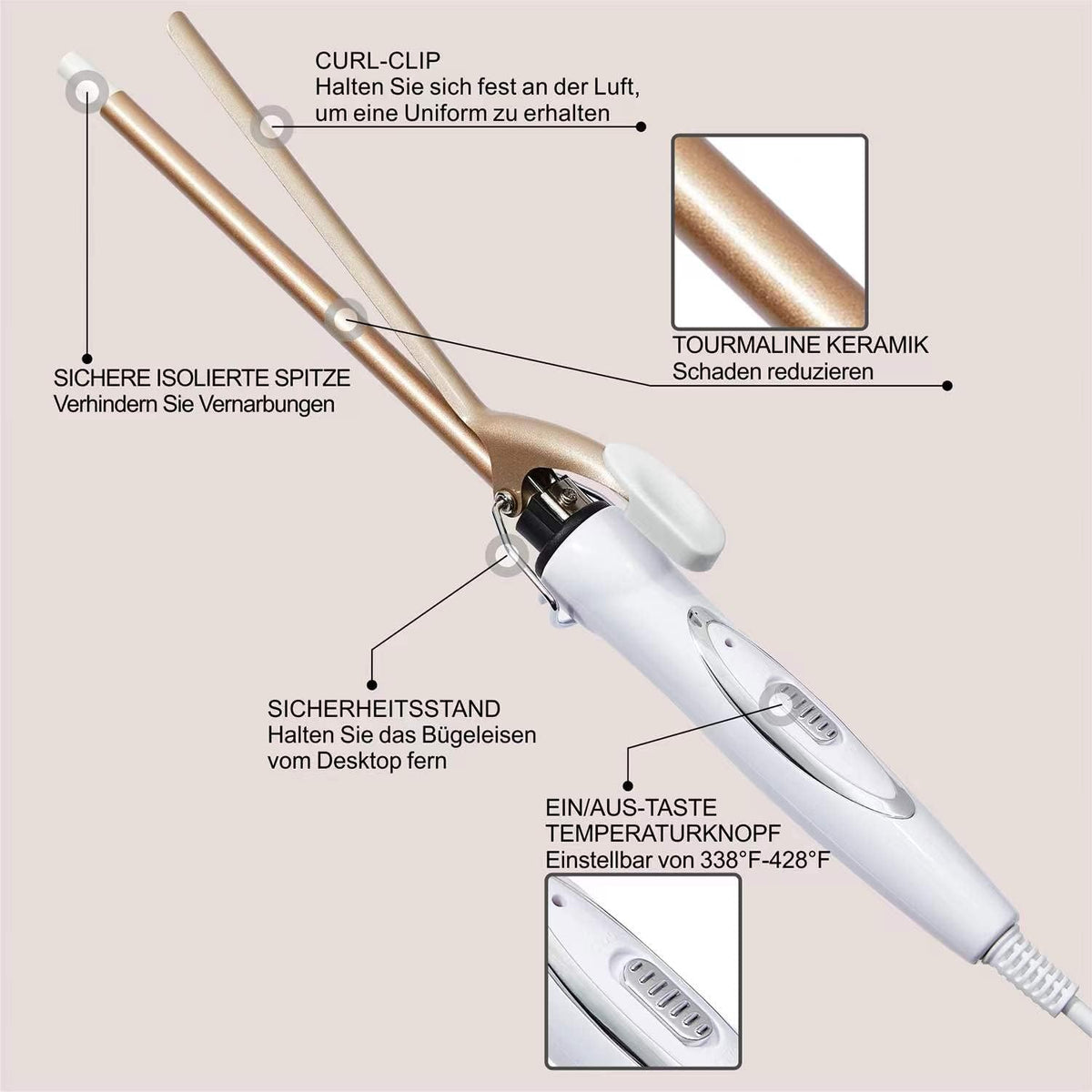 Reyke Mini Ceramic Curling Iron 9mm White Gold JK-B006-DE