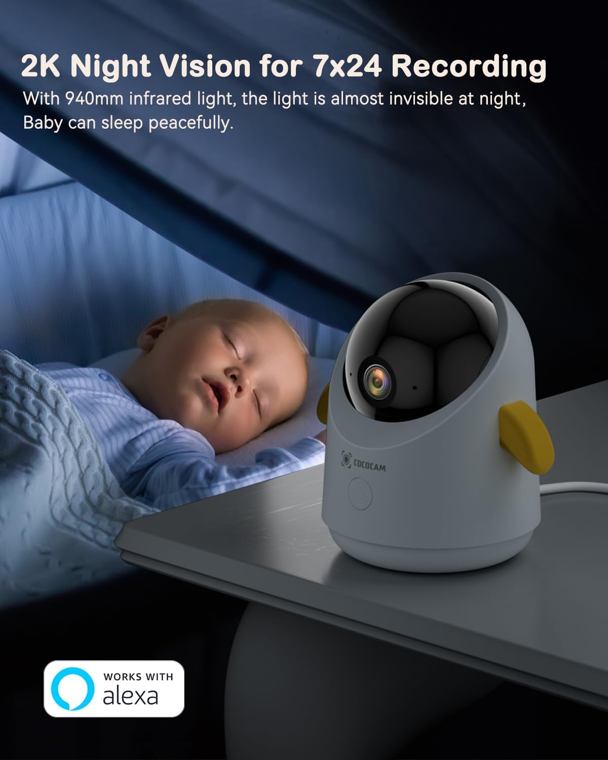 COCOCAM 2K WiFi Baby Monitor 355° Pan & Night Vision