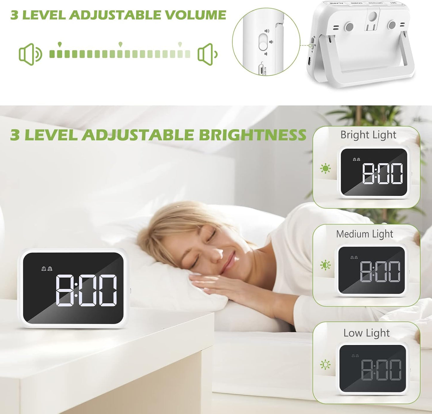 KeeKit Digital Alarm Clock 4in LED Display USB 2 Alarms 3 Brightness 3 Volume Levels