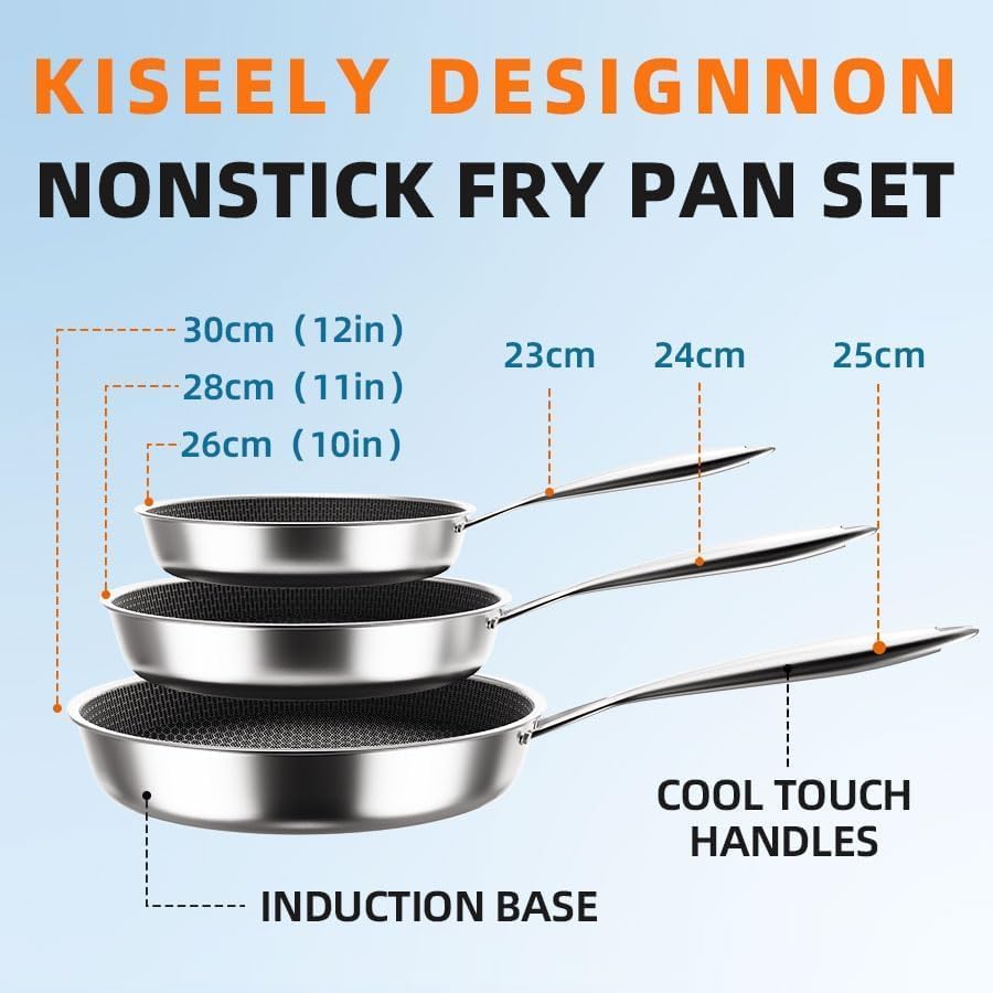 Kiseely Set of 3 Frying Pans, 26 cm + 28 cm + 30 cm, Diamond Non-Stick Frying Pan, Premium Stainless Steel, Suitable for Induction, PTFE Free, PFAS Free, PFOA Free (FG1)