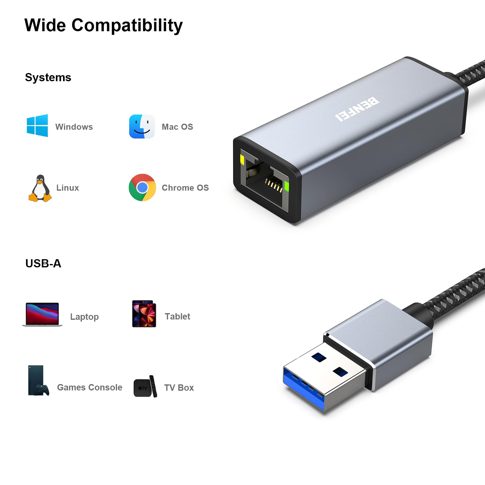 BENFEI USB 3.0 to Gigabit Ethernet Adapter Aluminium Shell Nylon Cable Gray 000317grey