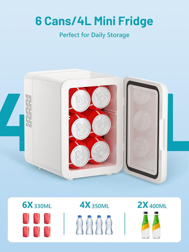 VINATO Mini Fridge 4L Portable Cosmetic & Car Fridge with Cooling/Heating, Quiet Operation