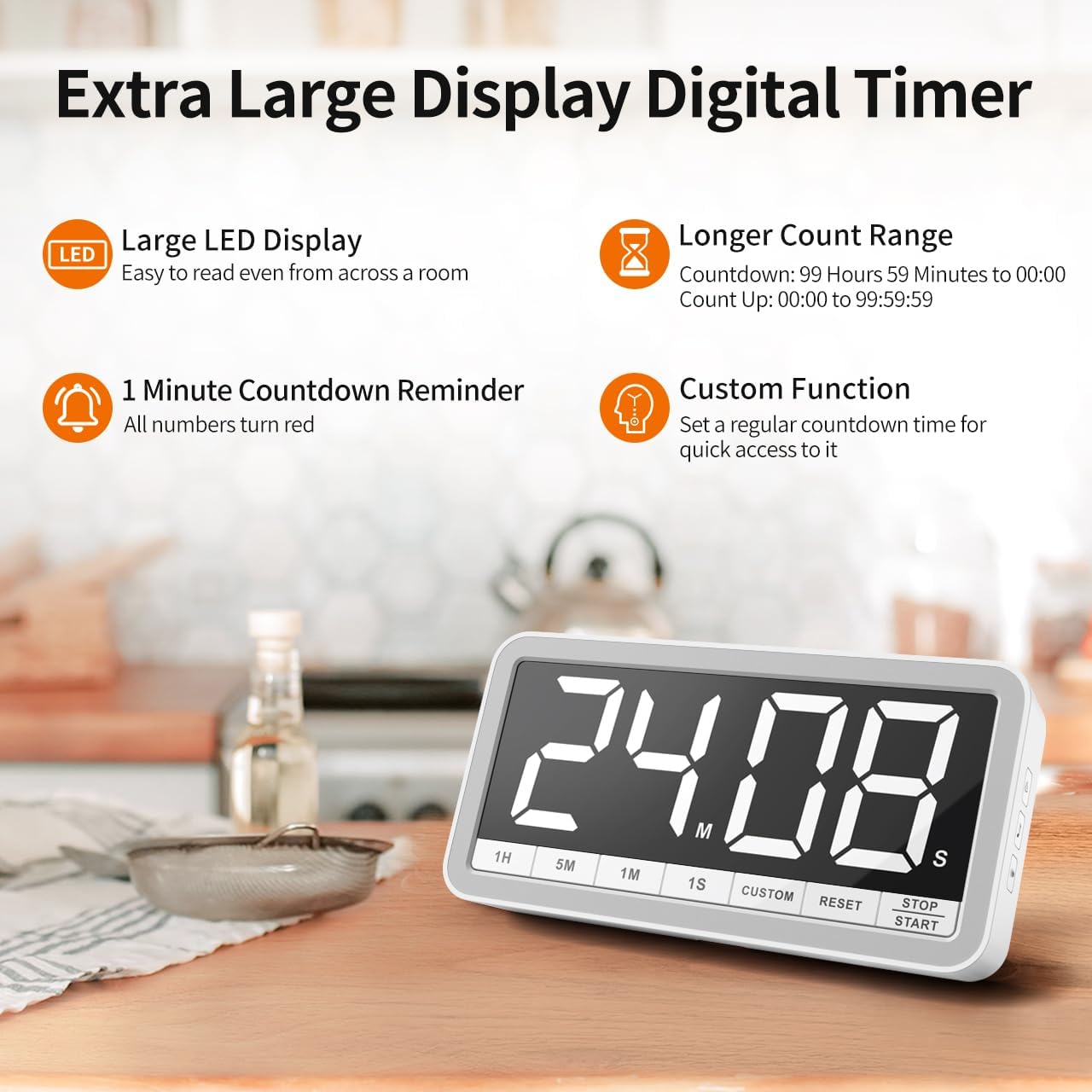 VOCOO Digital Kitchen Timer 7.8" Extra Large Display Magnetic LED White
