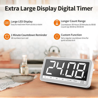 VOCOO Digital Kitchen Timer 7.8" Extra Large Display Magnetic LED White