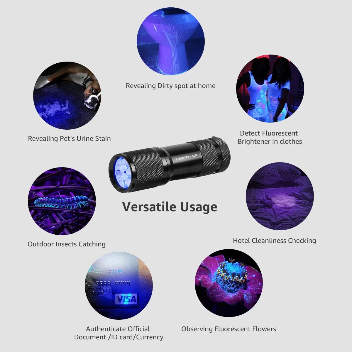 Lepro LE UV Torch 9 LED 395nm Ultraviolet Flashlight Blacklight Detector for Pet Urine Stain Bed Bugs
