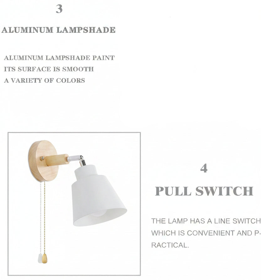 OMISHINE Pull Cord Wall Light with Rotatable Wooden Body E27 Indoor Lamp Yellow