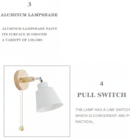 OMISHINE Pull Cord Wall Light with Rotatable Wooden Body E27 Indoor Lamp Yellow