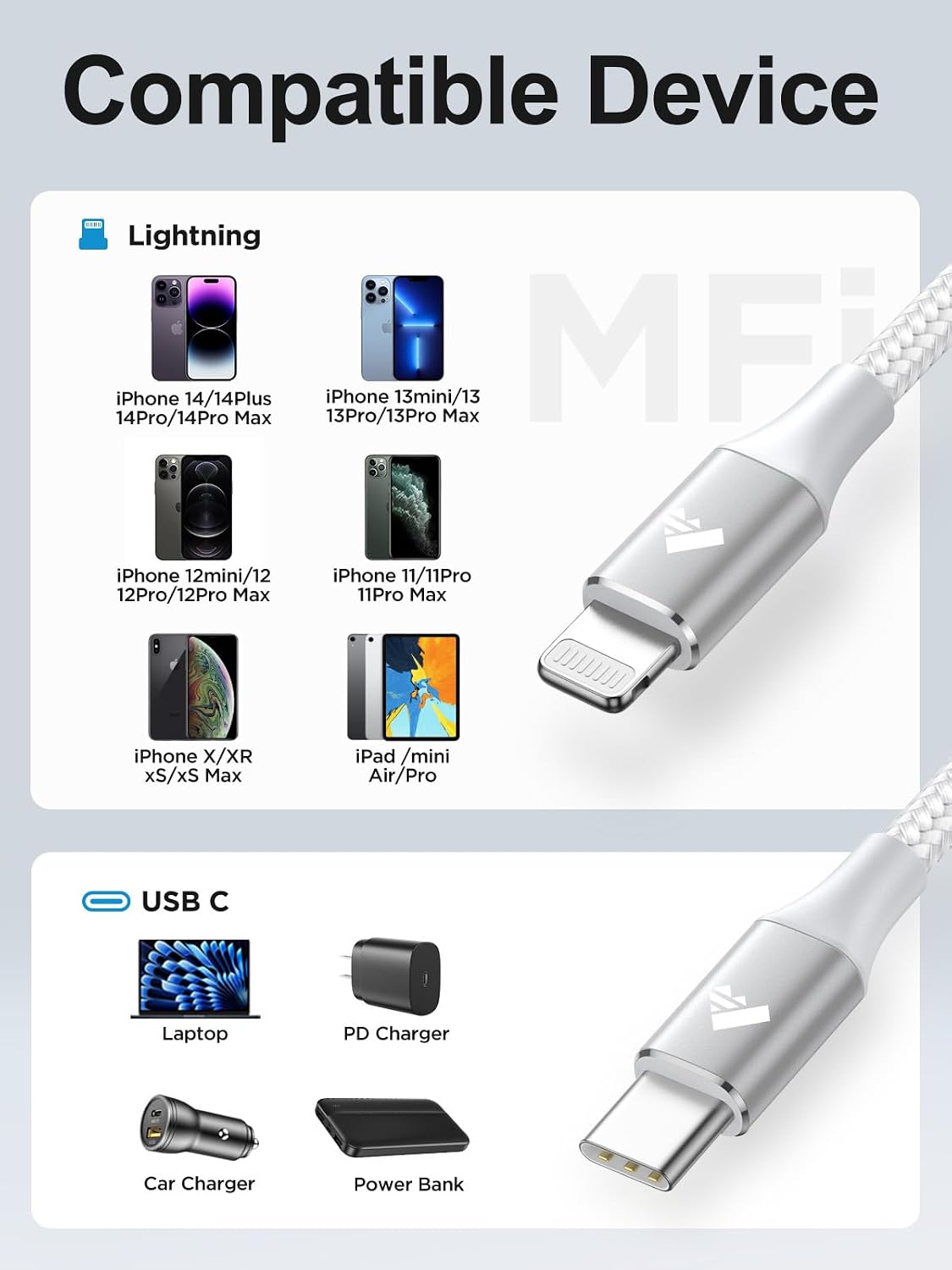 Aioneus USB-C to Lightning Cable 2M MFi Certified Nylon Braided iPhone Fast Charger Cord Compatible with iPhone 14 13 12 11 8 7 Pro Max Mini X XR Plus iPad