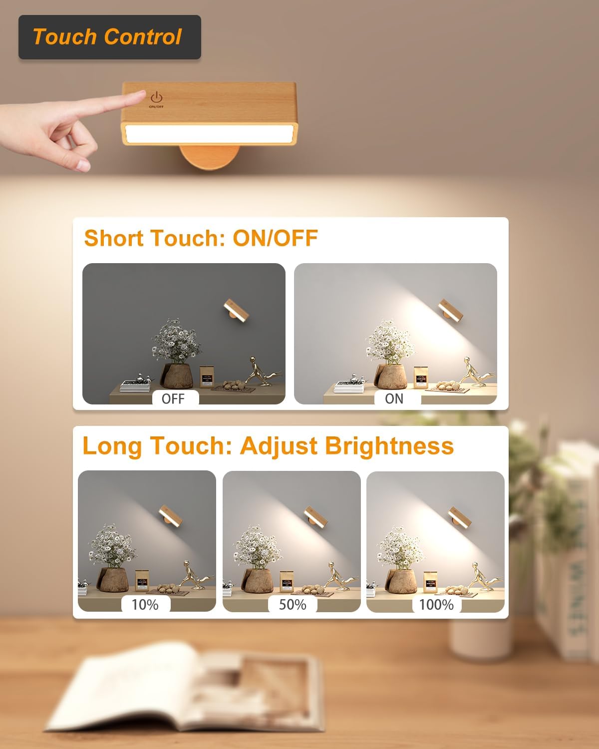Rechargeable Cordless LED Wall Sconce with Touch Control 2 Pack