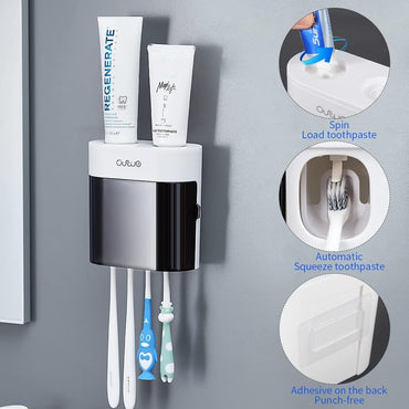 YiliYa Wall Toothbrush Holder with Dual Toothpaste Dispenser Black White