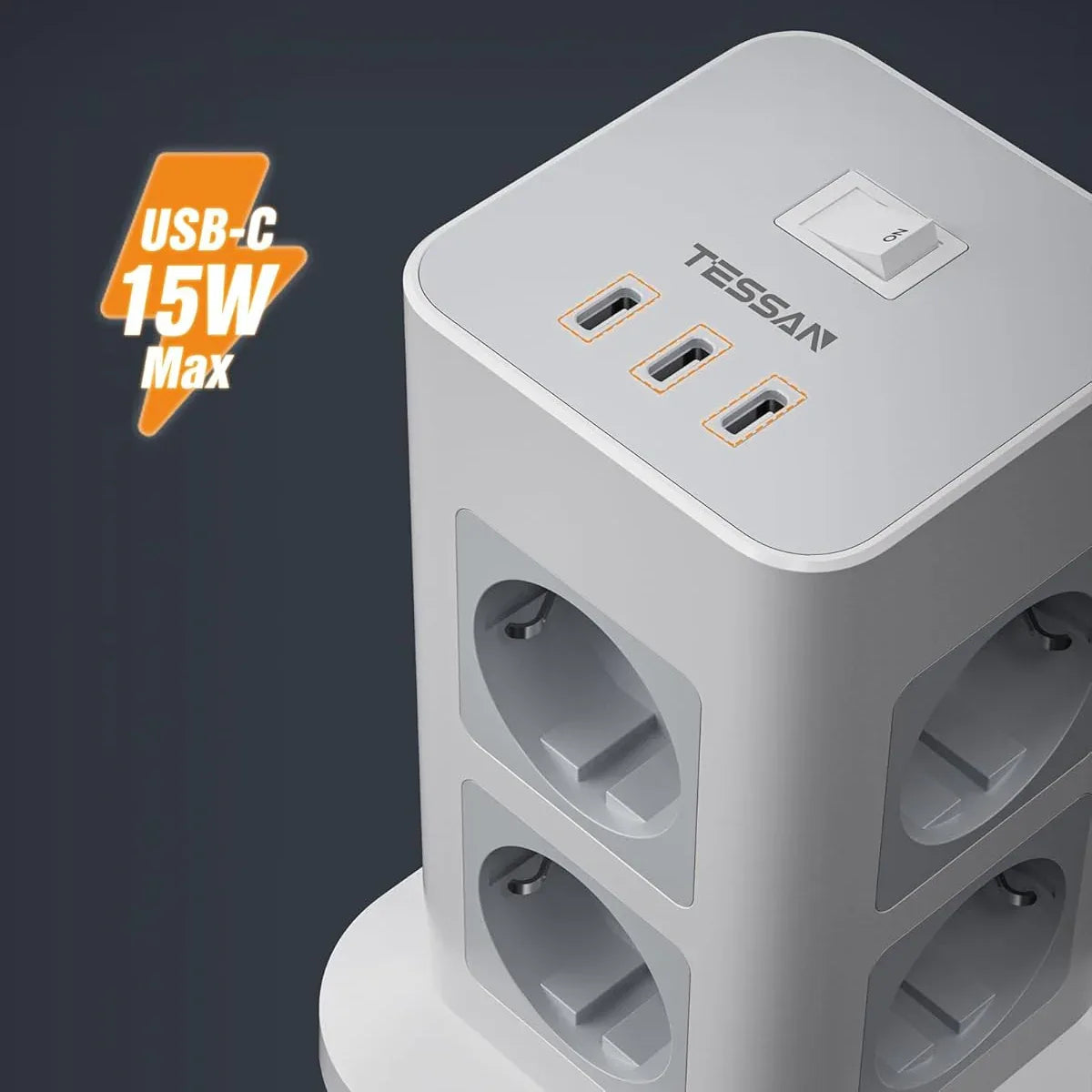 TESSAN 8-Way Power Strip Tower: 3 USB-C, Surge Protection, 2M Cord - Gomix Brands Outlet
