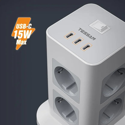 TESSAN 8-Way Power Strip Tower: 3 USB-C, Surge Protection, 2M Cord - Gomix Brands Outlet
