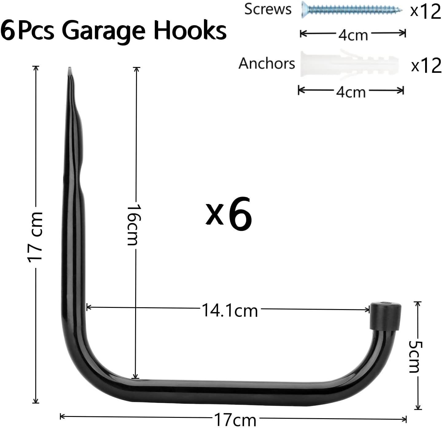 Heavy-Duty Steel Garage Wall Hooks 17cm J-Shaped Storage Hangers