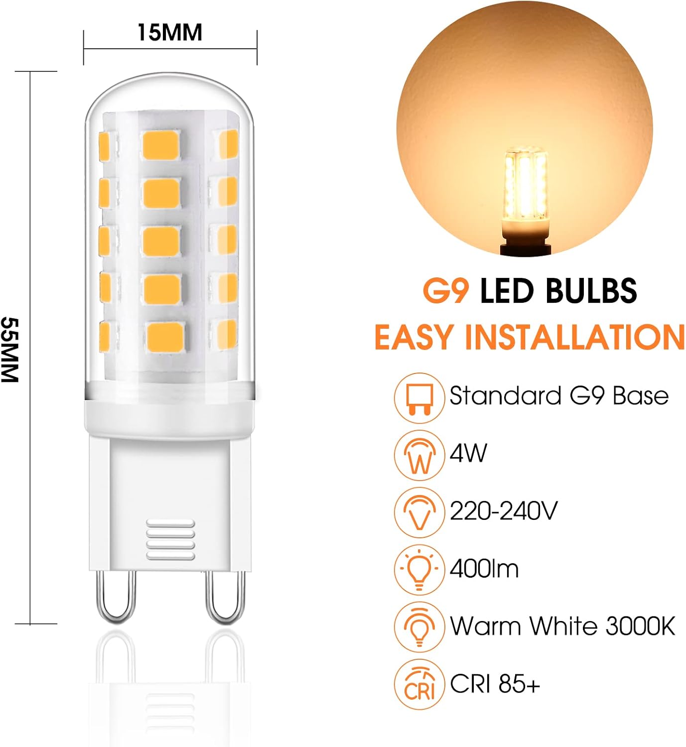 Fulighture G9 LED Bulbs 6-Pack 4 W Warm White 3000K Ceramic Energy Saving Non-Dimmable
