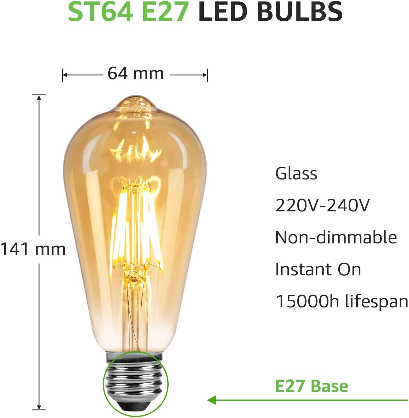Lepro ST64 E27 LED Vintage Light Bulbs 4.8W 470lm Warm White 2500K Retro Amber Glass Non-Dimmable Pack of 6