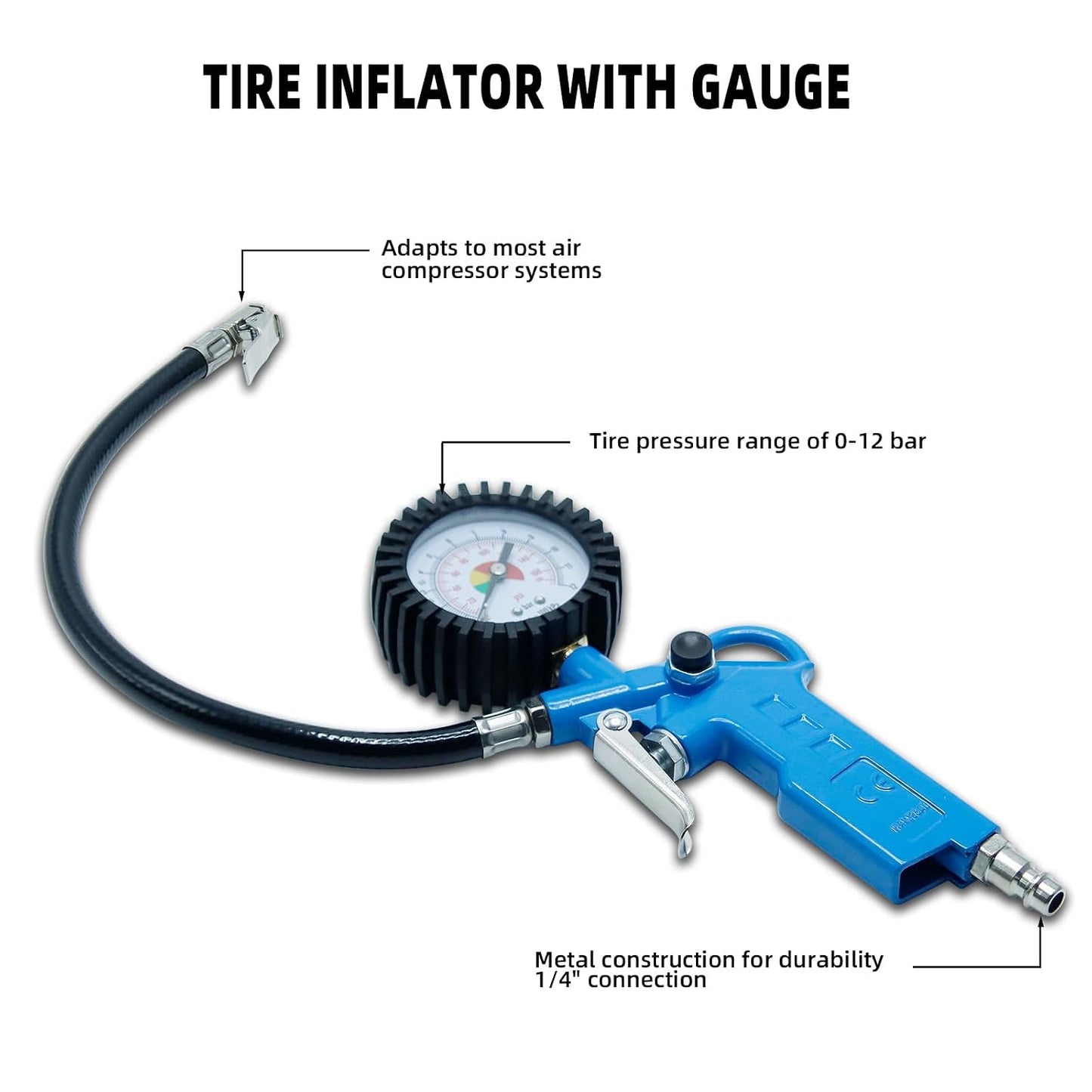 CCLIFE 3-in-1 Tyre Pressure Gauge 2196-2C 12 Bar 300mm Hose for Car Motorcycle