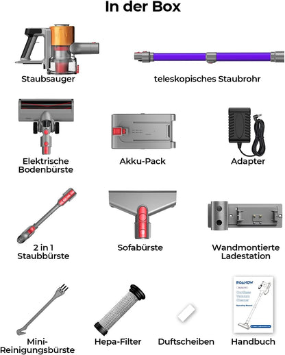Roanow MarsVac V16 Cordless Vacuum Cleaner, 500W, 40KPa Suction, 60-Minute Runtime