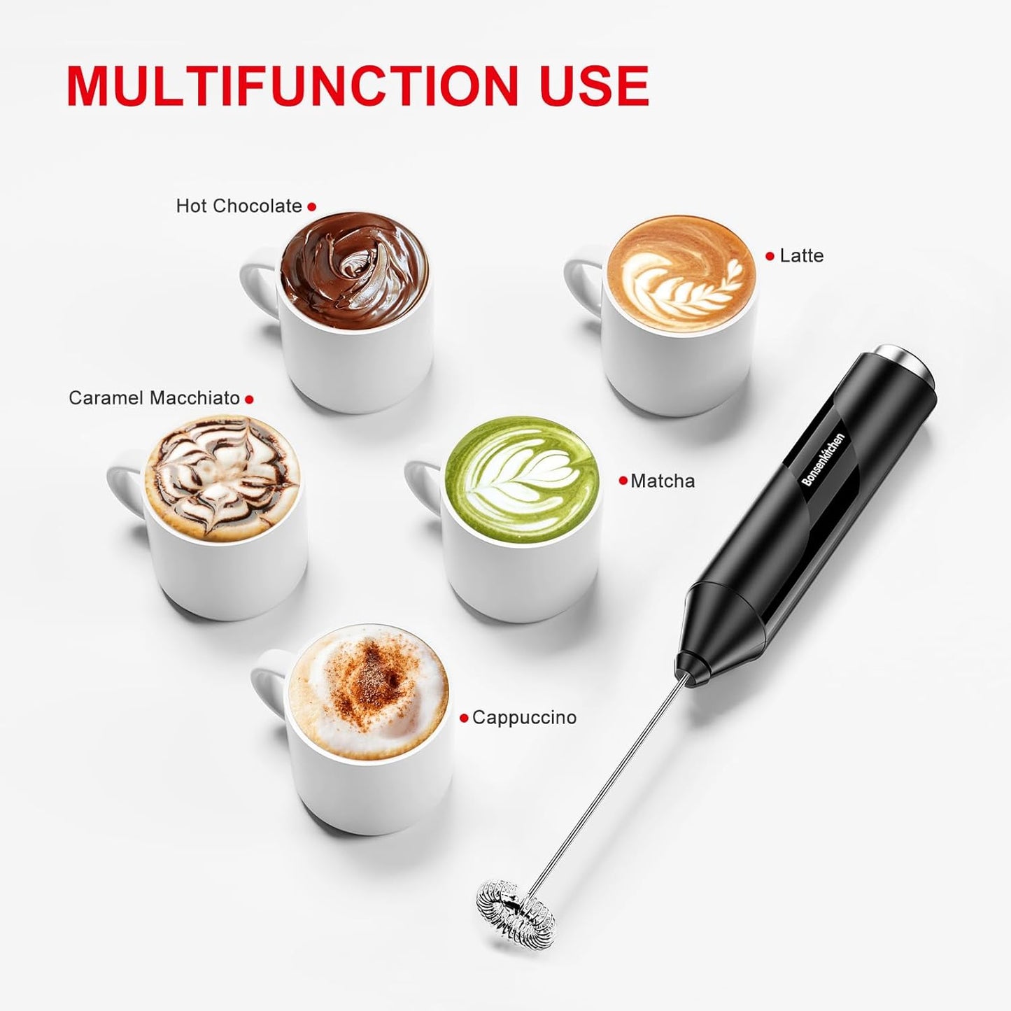Bonsenkitchen Powerful Handheld Milk Frother with Stainless Steel Whisk – Black