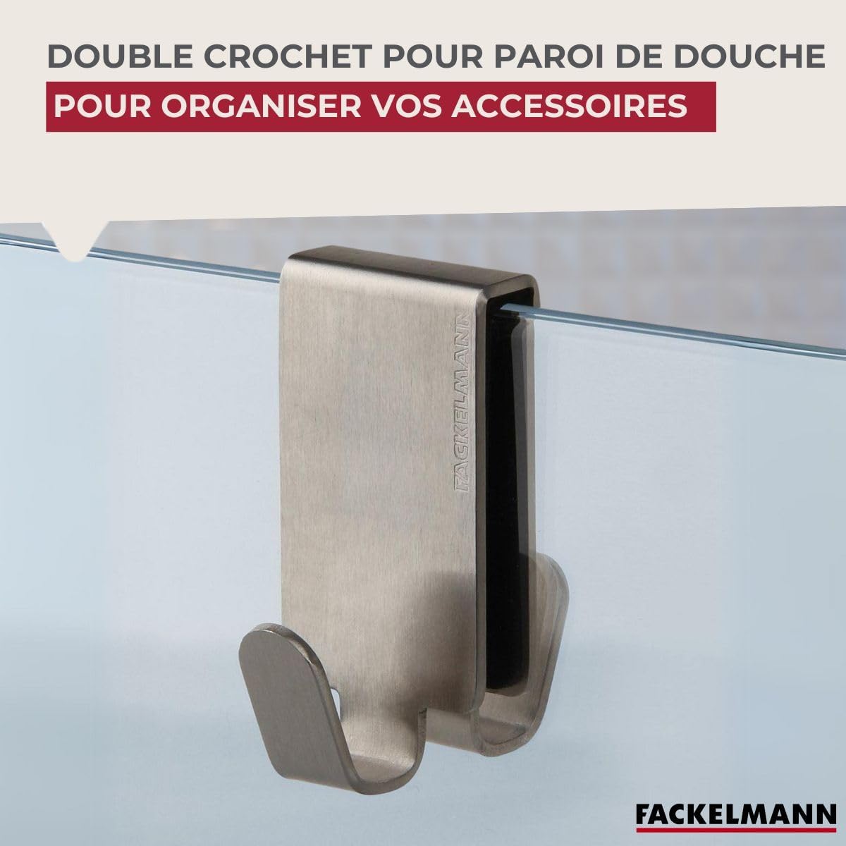 Fackelmann Silver Double Hook for Glass Shower Walls – 11.4x3.8 cm