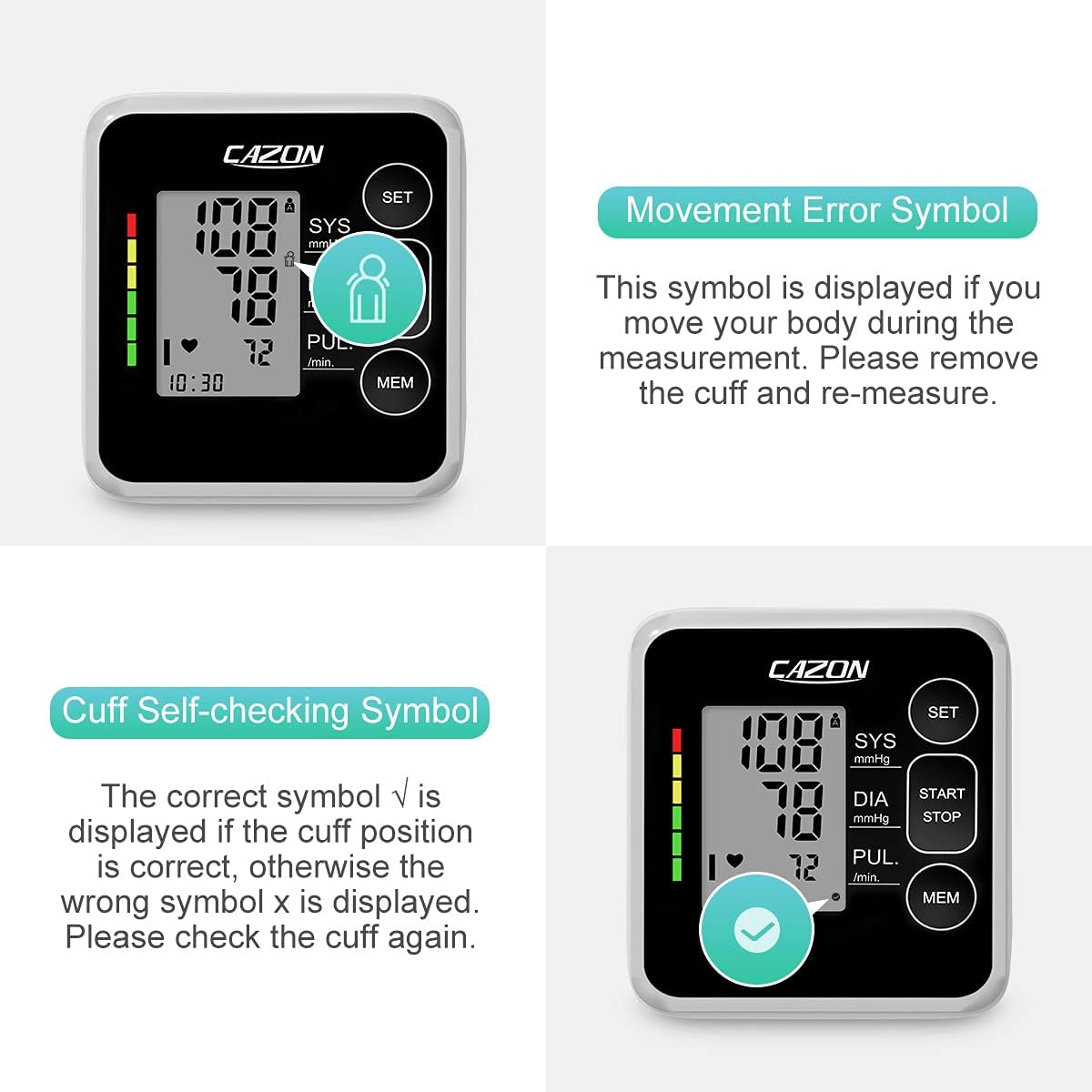 CAZON Digital Blood Pressure Monitor Upper Arm Automatic 2x100 Memory