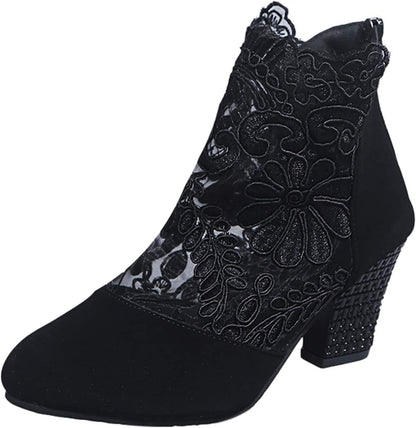 Women's Elegant Lace Ankle Boots - Breathable High Block Heel Booties