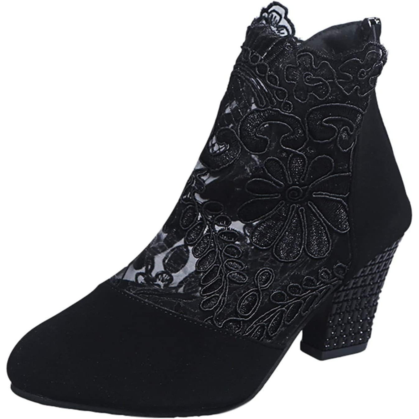 Women's Elegant Lace Ankle Boots - Breathable High Block Heel Booties