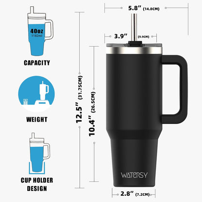 WATERSY 40oz Black Insulated Tumbler with Handle, Lid, Straw