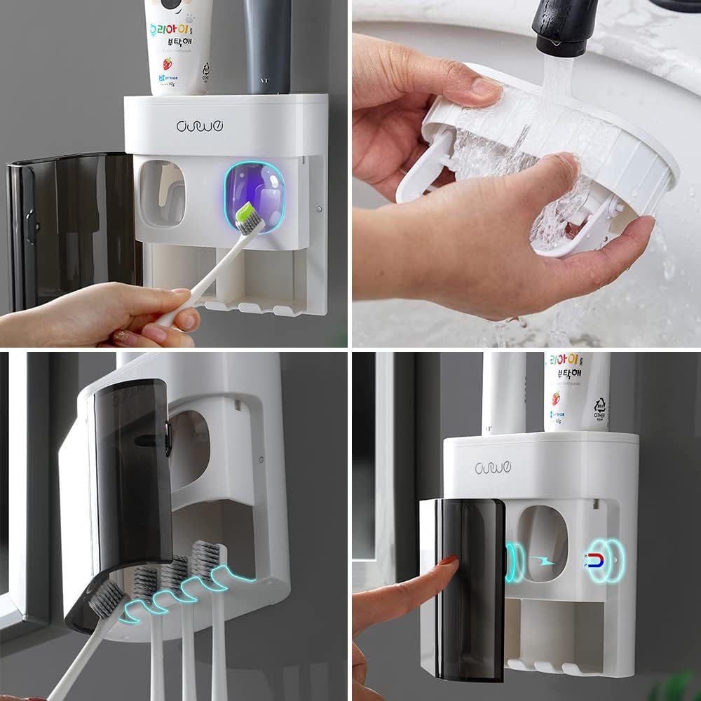 YiliYa Wall Toothbrush Holder with Dual Toothpaste Dispenser Black White