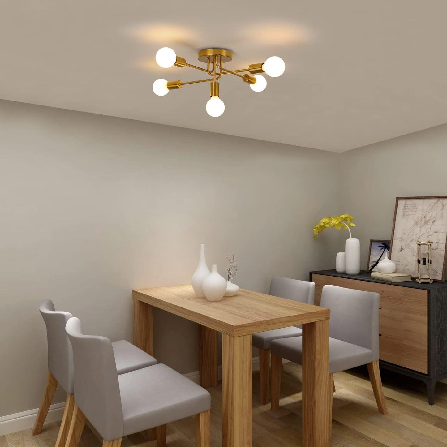 AUA Modern Gold Sputnik 5-Light Ceiling Chandelier for Living Spaces