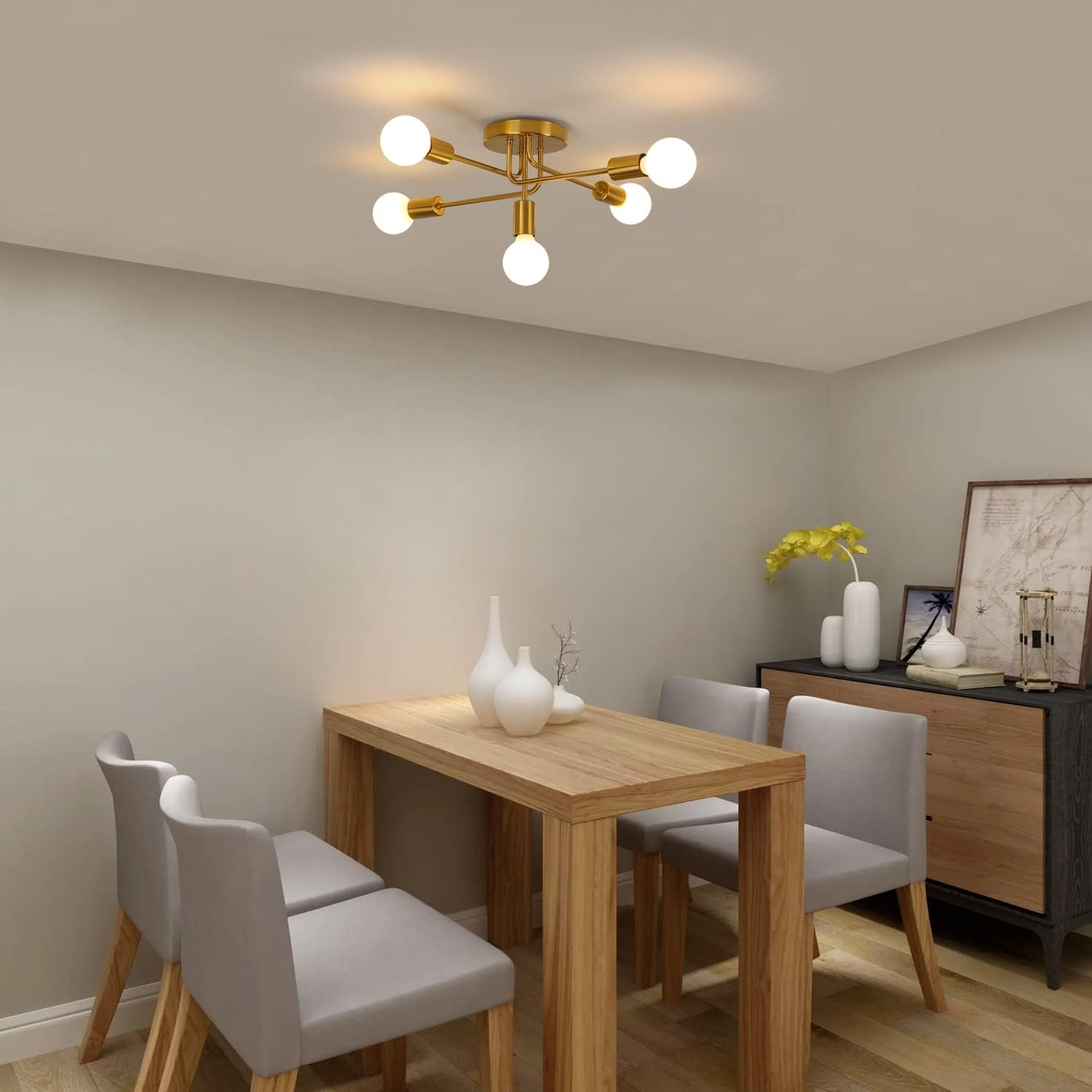 AUA Modern Gold Sputnik 5-Light Ceiling Chandelier for Living Spaces