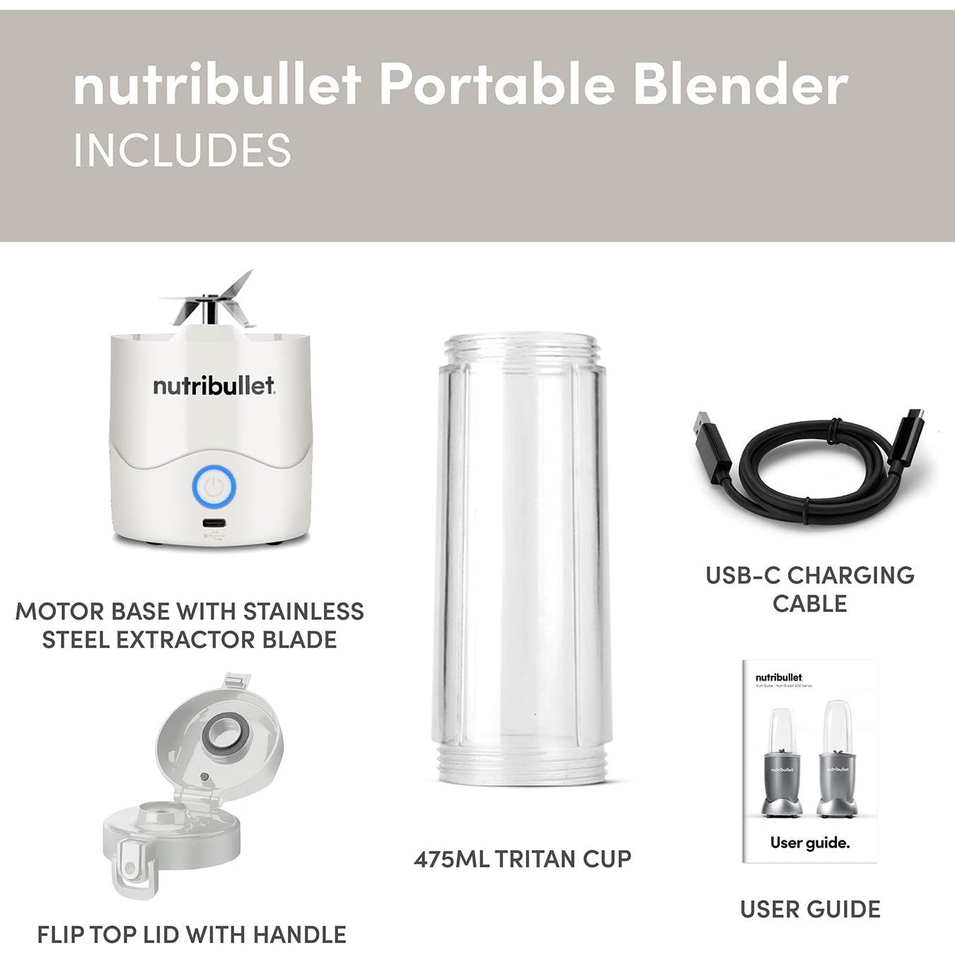 NutriBullet 60W Portable Blender, White 20oz Cup, USB‑C