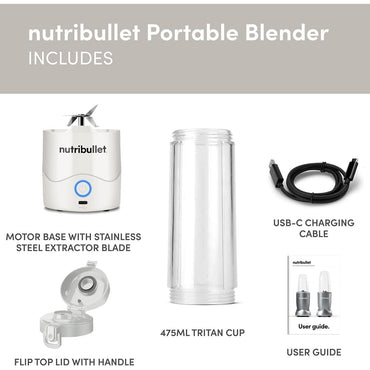NutriBullet 60W Portable Blender, White 20oz Cup, USB‑C