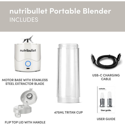 NutriBullet 60W Portable Blender, White 20oz Cup, USB‑C