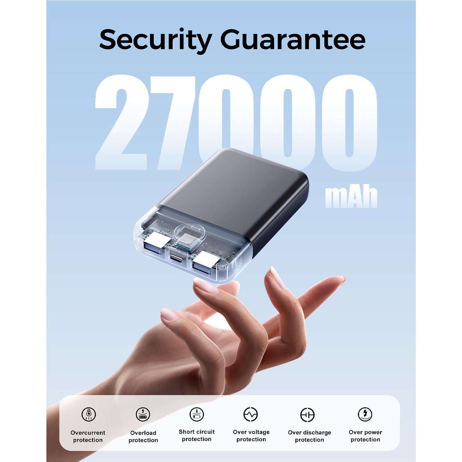 Black 27000mAh Fast Charging USB-C Power Bank with 22.5W Output