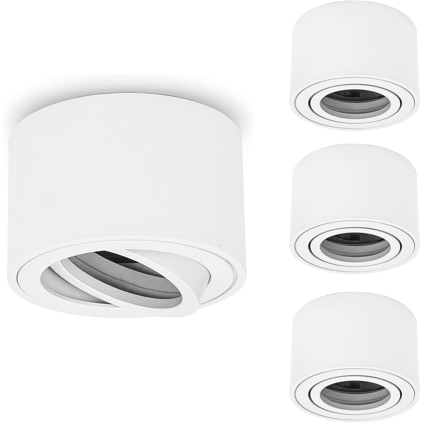 URing 4‑Pack White Surface‑Mounted Swivel Spotlights – Matte Aluminium, 80 mm Diameter, 230 V