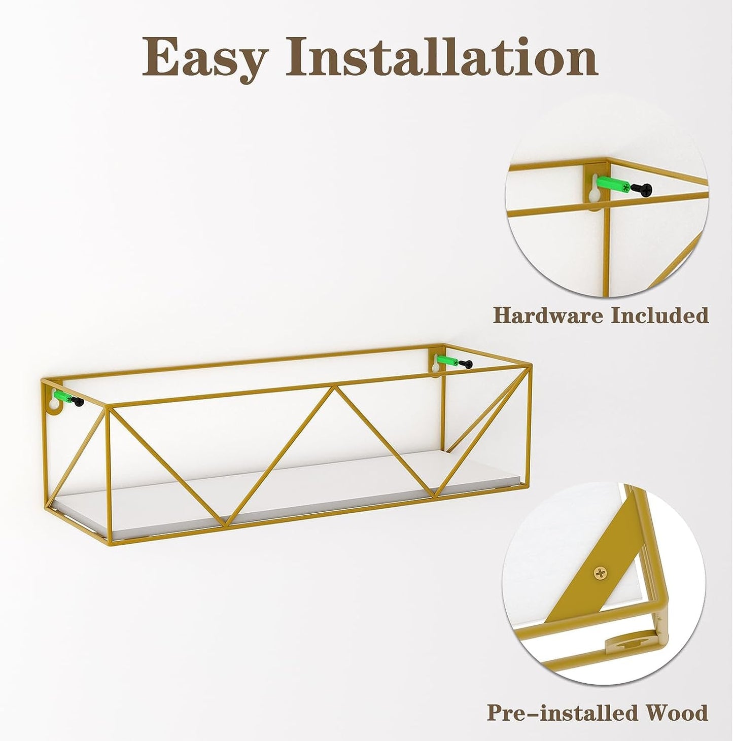 Gold Floating Shelves Wall Mounted Set of 5, Hanging Storage Floating Shelf for Bathroom, Kitchen, Bedroom, Living Room (Gold)