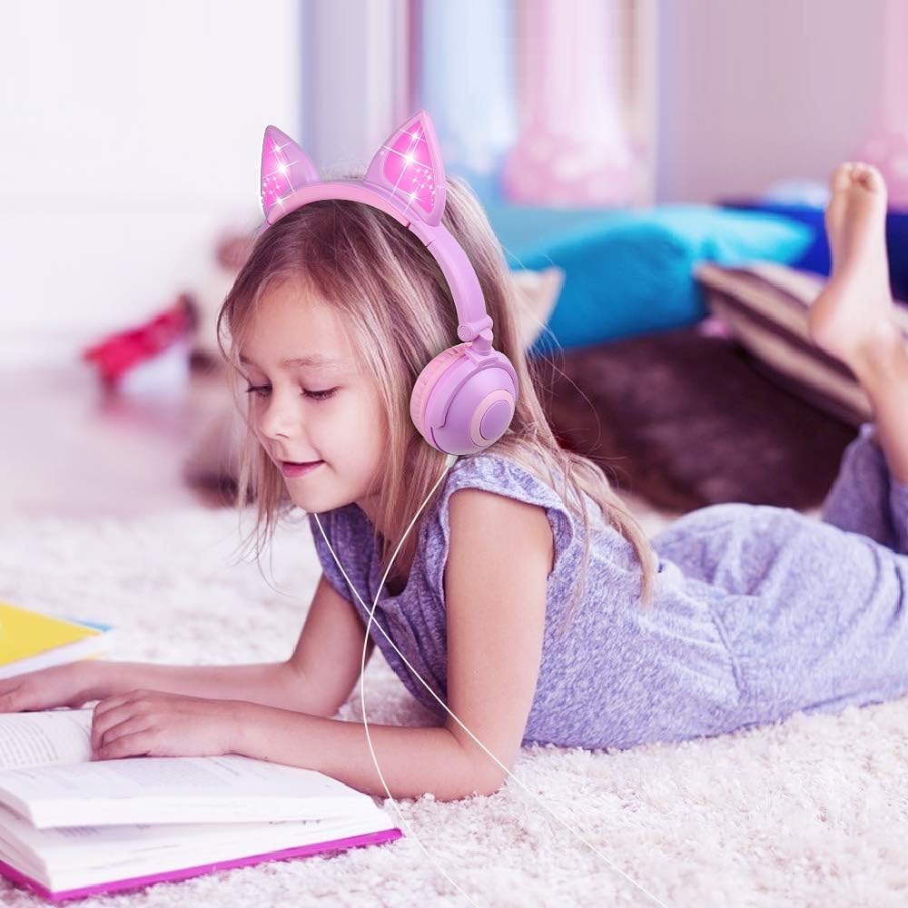Esonstyle Kids Cat Ear Headphones Wired Over-Ear 85dB Volume Limited Food-Grade Silicone 3.5mm Jack Pink