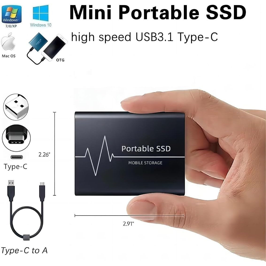 2TB Ultra Slim Portable External Hard Drive USB 3.1 Shockproof