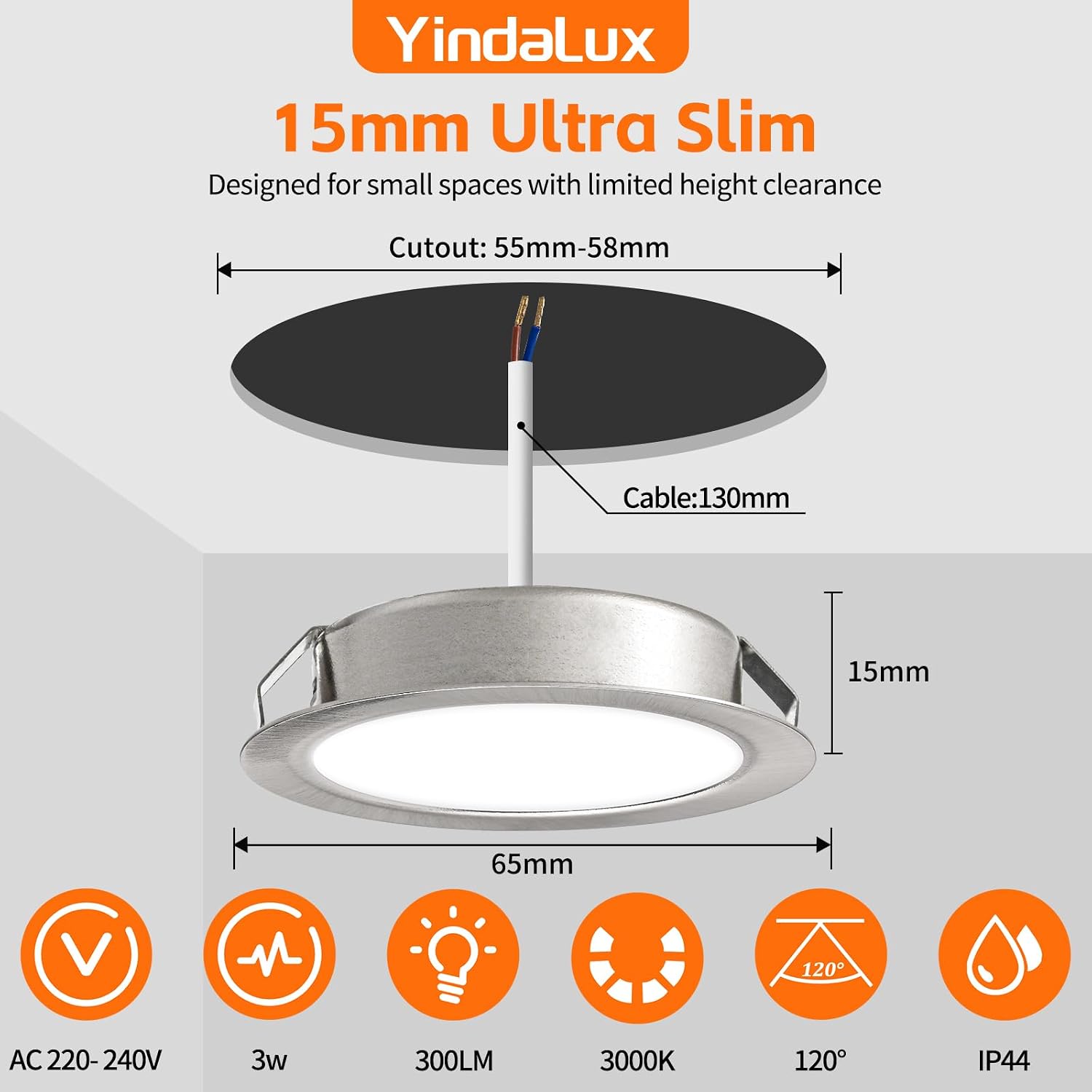 YindaLux 3W LED Recessed Spotlight 230V IP44 300lm Warm White Ultra Flat 15mm for Bathroom Living Room 3-Pack