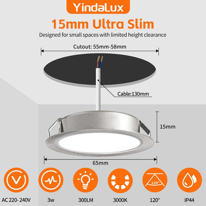 YindaLux 3W LED Recessed Spotlight 230V IP44 300lm Warm White Ultra Flat 15mm for Bathroom Living Room 3-Pack
