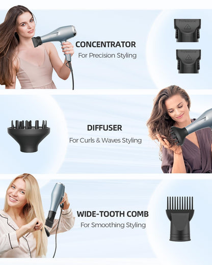 Ionic Hair Dryer with Diffuser & Comb Attachments, 2 Speed Professional