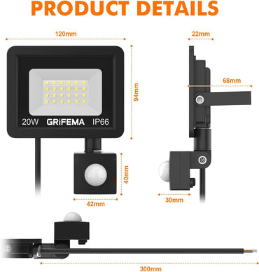 GRIFEMA 20W LED Motion Sensor Spotlight with 2200 Lumen 6500K Cool White Light
